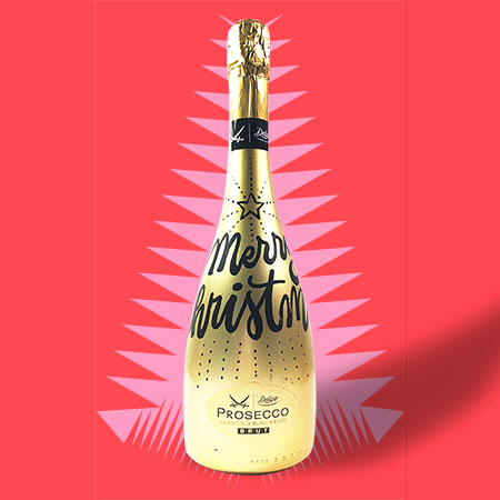 Handlettering auf Prosecco Flasche Merry Christmas